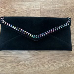 Rebecca Minkoff black suede clutch with oil slick hardware